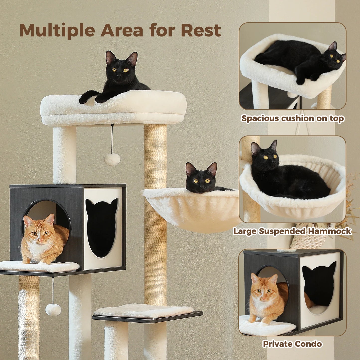 Cat Tree Tower Litter Box Wood Structure Storage with Hammock