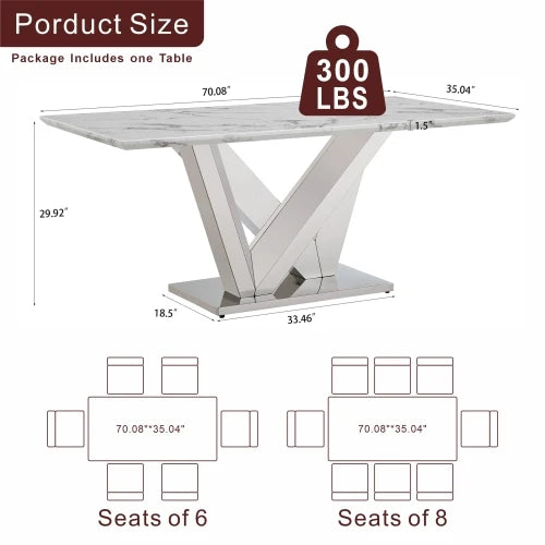 Rectangle Faux Marble Dining Table with Mirrored Finish Stainless Steel Base