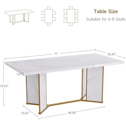 White Marble Wooden Rectangular Dining Table With Gold Metal Frame