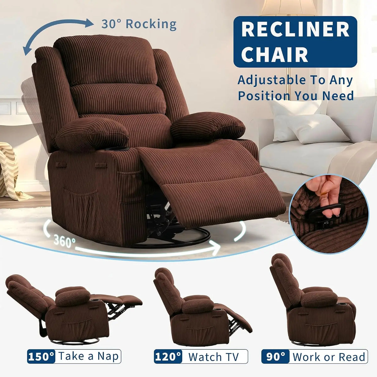 Corduroy Rocking Recliner Chair for Adults