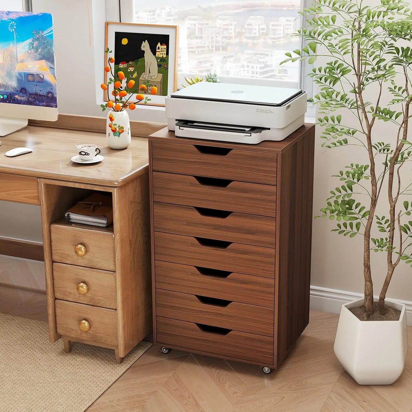 Mobile Storage Cabinet Wooden File Organizer Lockable Wheels