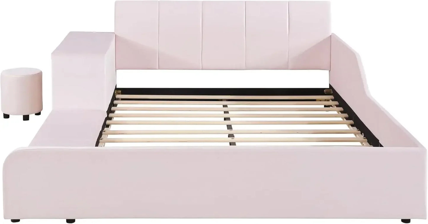 Velvet Upholstered Grounded Bed Platform Bed with Bedside Desk and Little Round Stool
