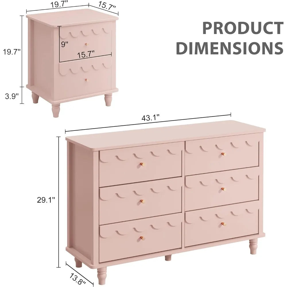 Bedroom Set - Two Drawers Nightstand & Scalloped 6 Drawer Dresser Combo