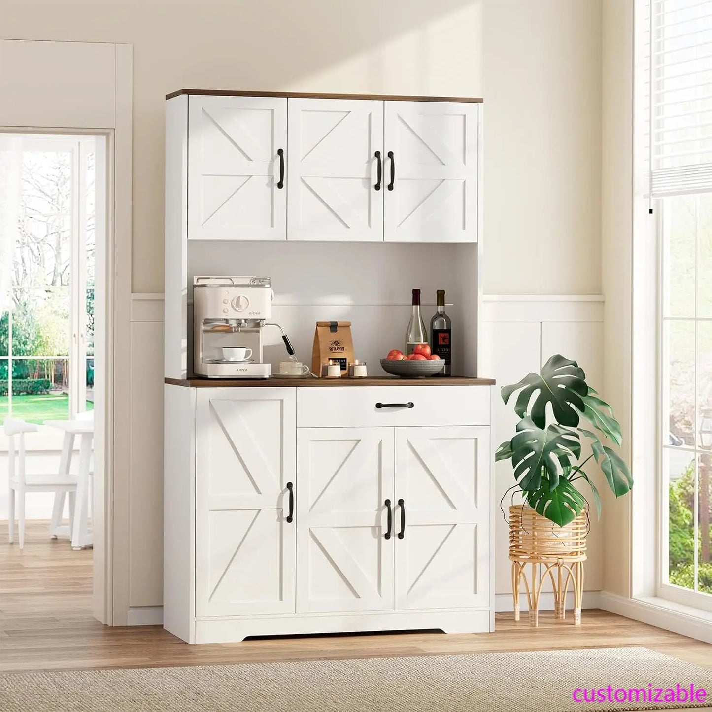 "71in White Kitchen Pantry Cabinet w/ USB Charging Station, Coffee Bar & Appliance Storage for Dining Room"