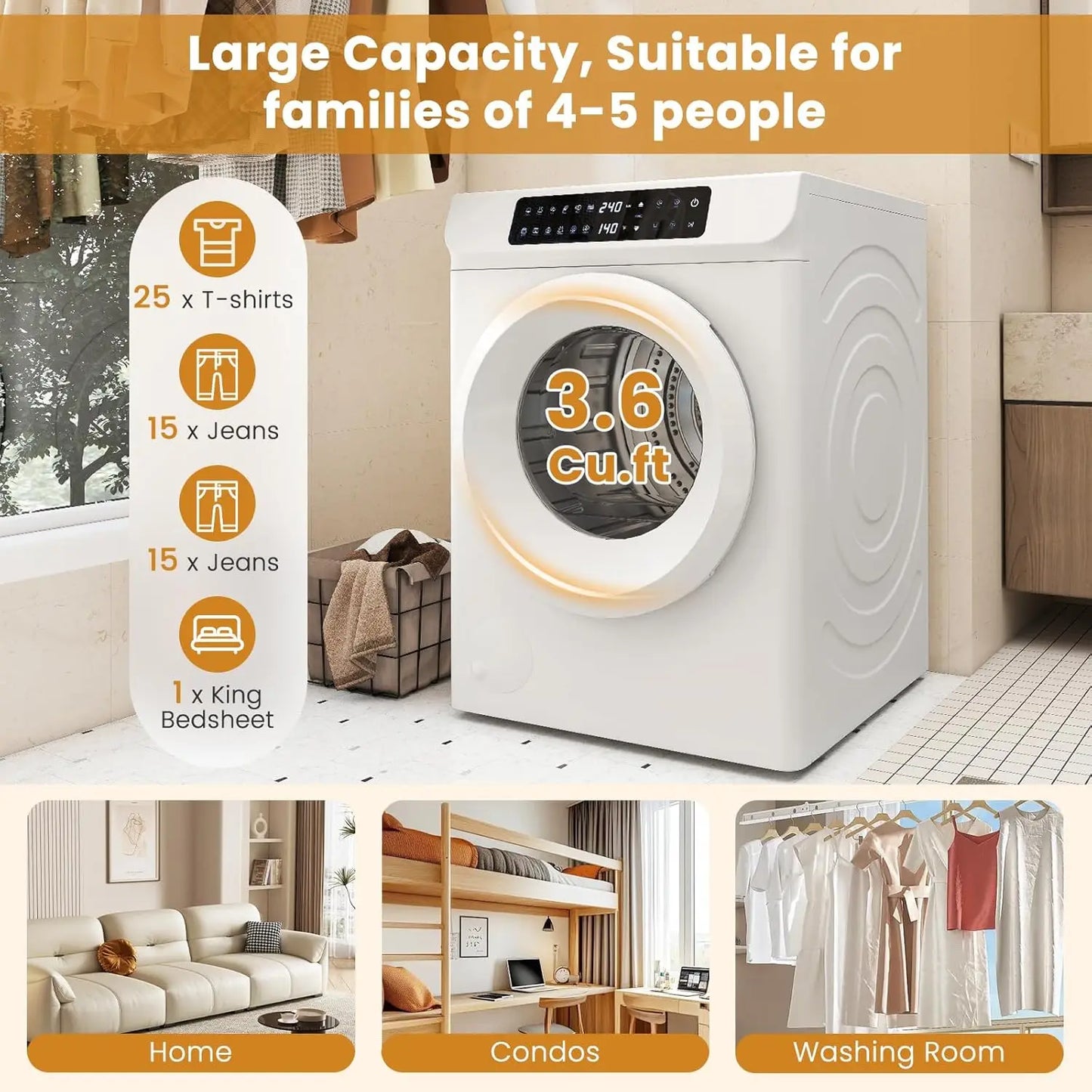 Large Capacity Laundry Dryer with Stainless Steel Tub, Dryer Machine