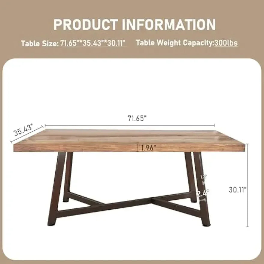 Rustic Large Brown Rectangular Solid Wood Dining Table w/Adjustable Metal Legs