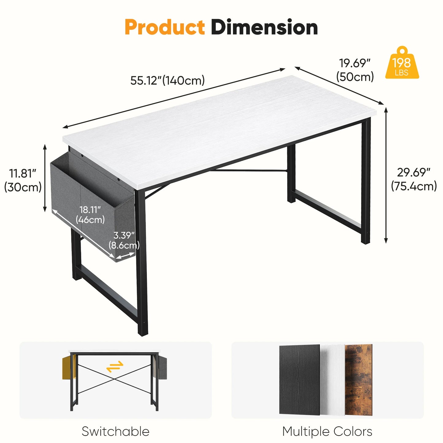 Writing Study Table with Storage Bag Metal Frame