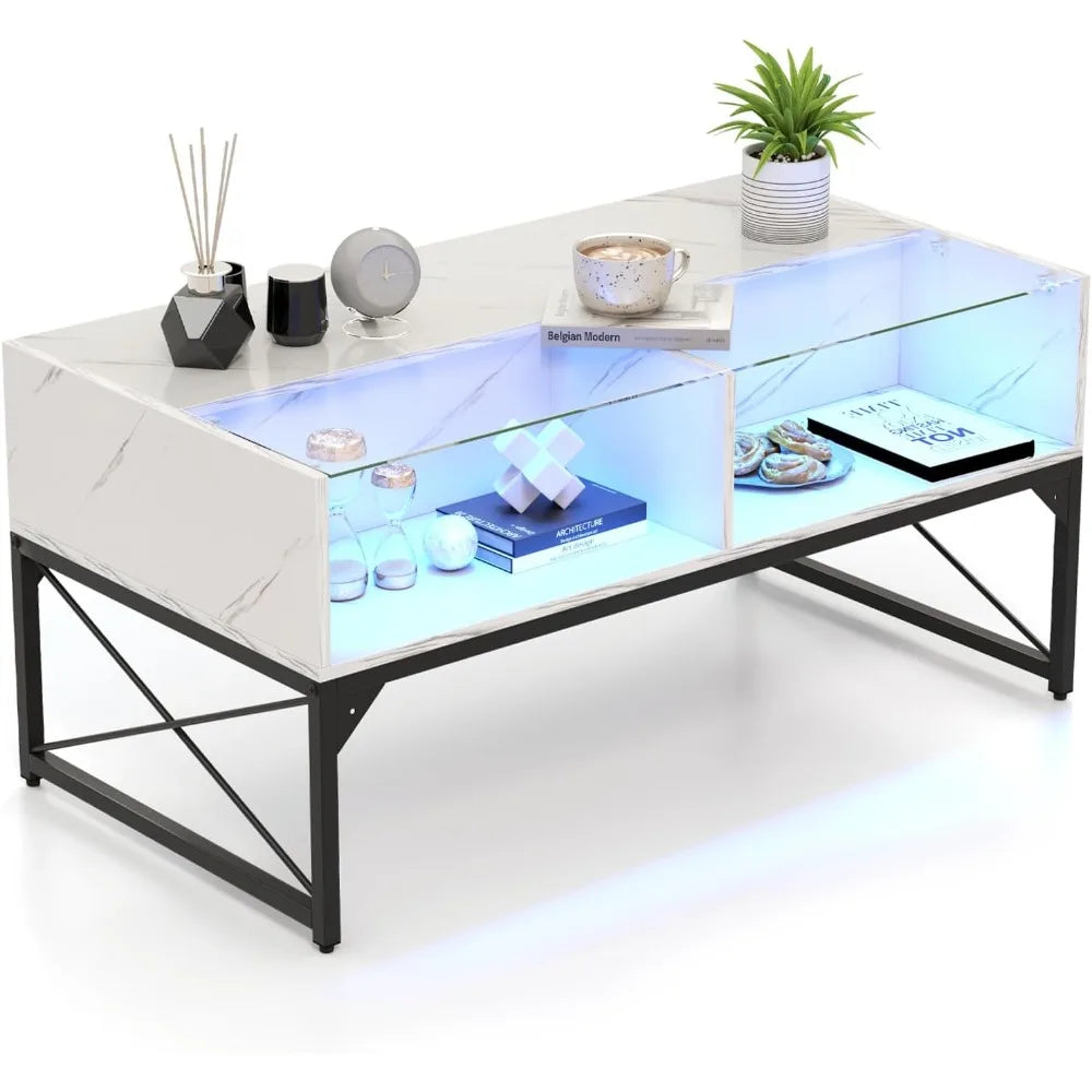 High Glossy LED Center Coffee Table with 4 Storage Cubes
