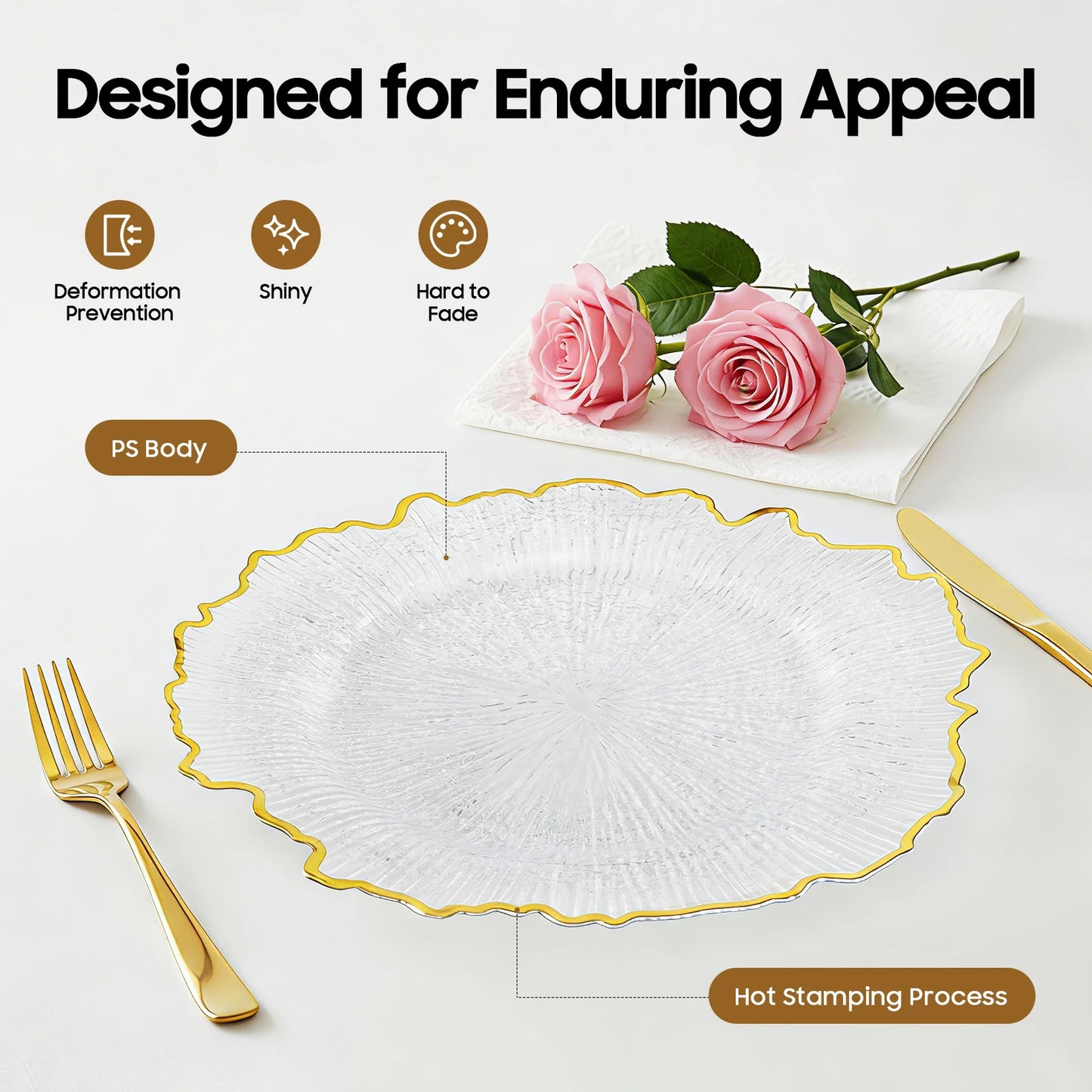 Serving Charger Plates with Gold Rim Transparent Plastic Set