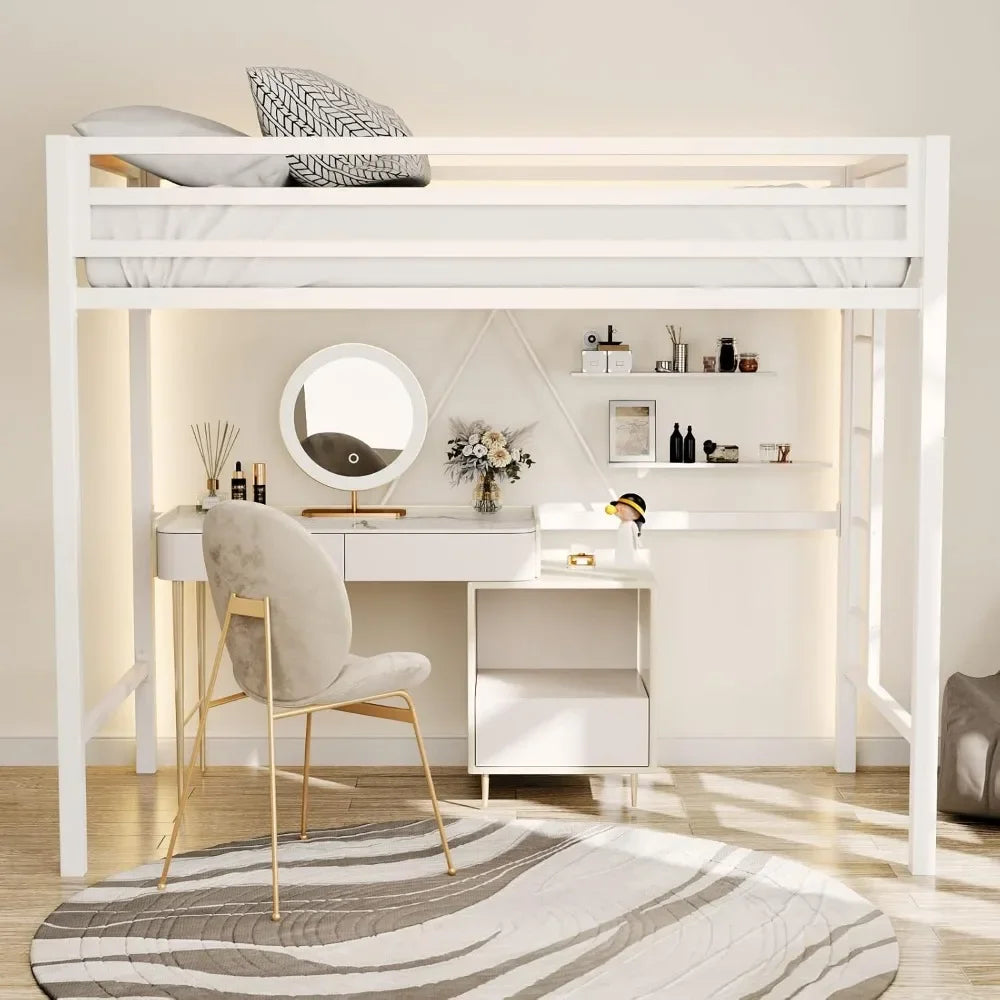 Twin Size Metal Loft Bed with Safety Guardrail And Ladder Space Saving