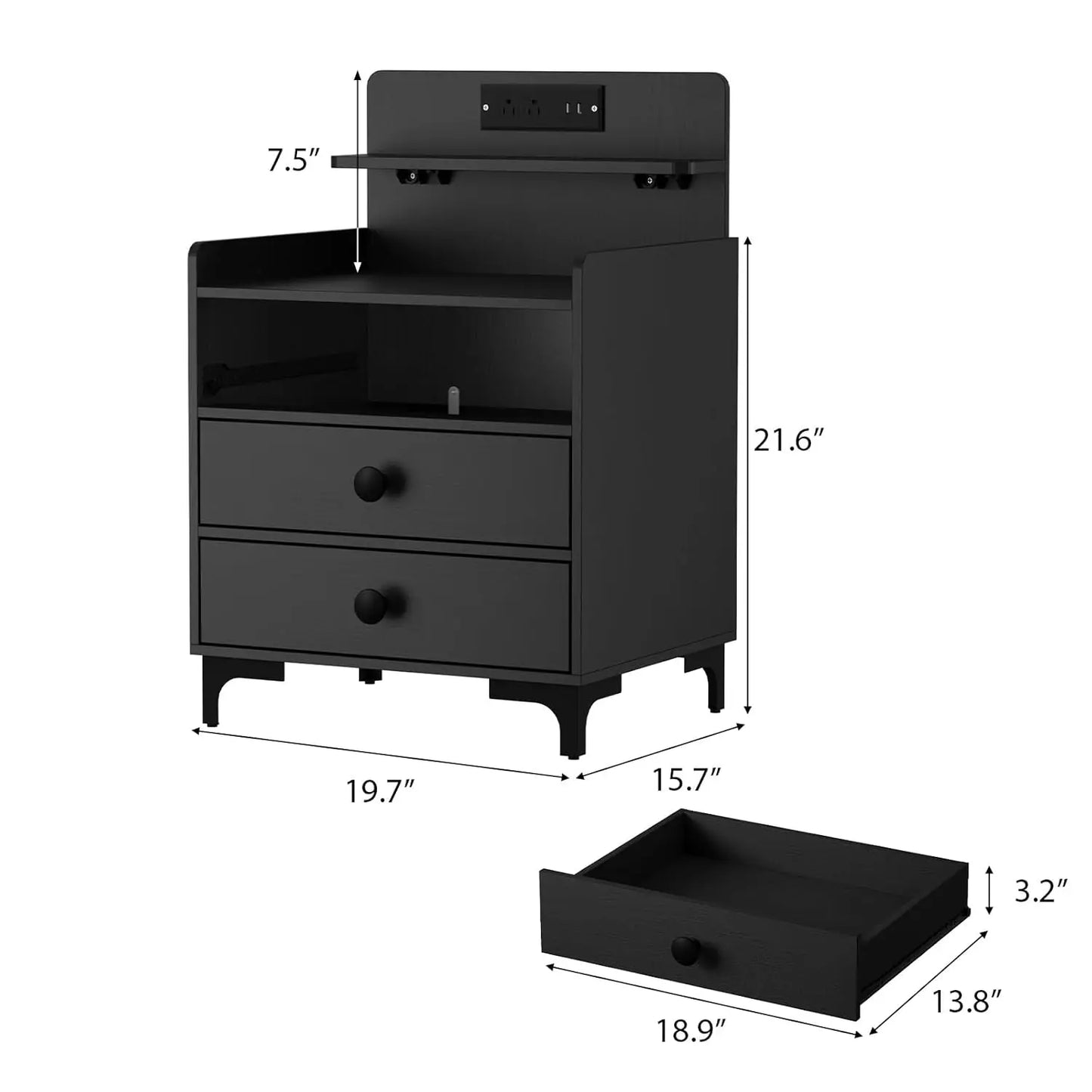 Nightstand With Charging Station, USB Ports and Open Storage Shelf