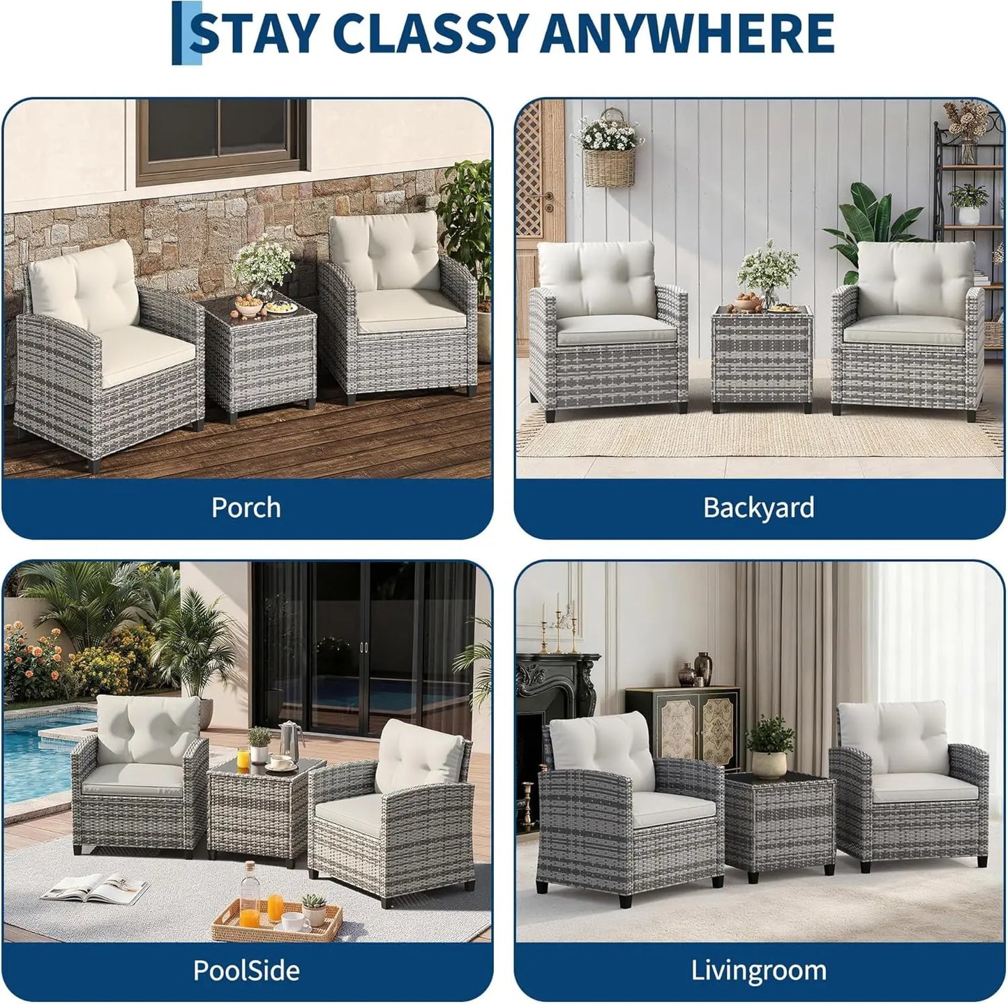 Rattan Patio Chairs and Table Set with Tempered Glass Tabletop and Cushions