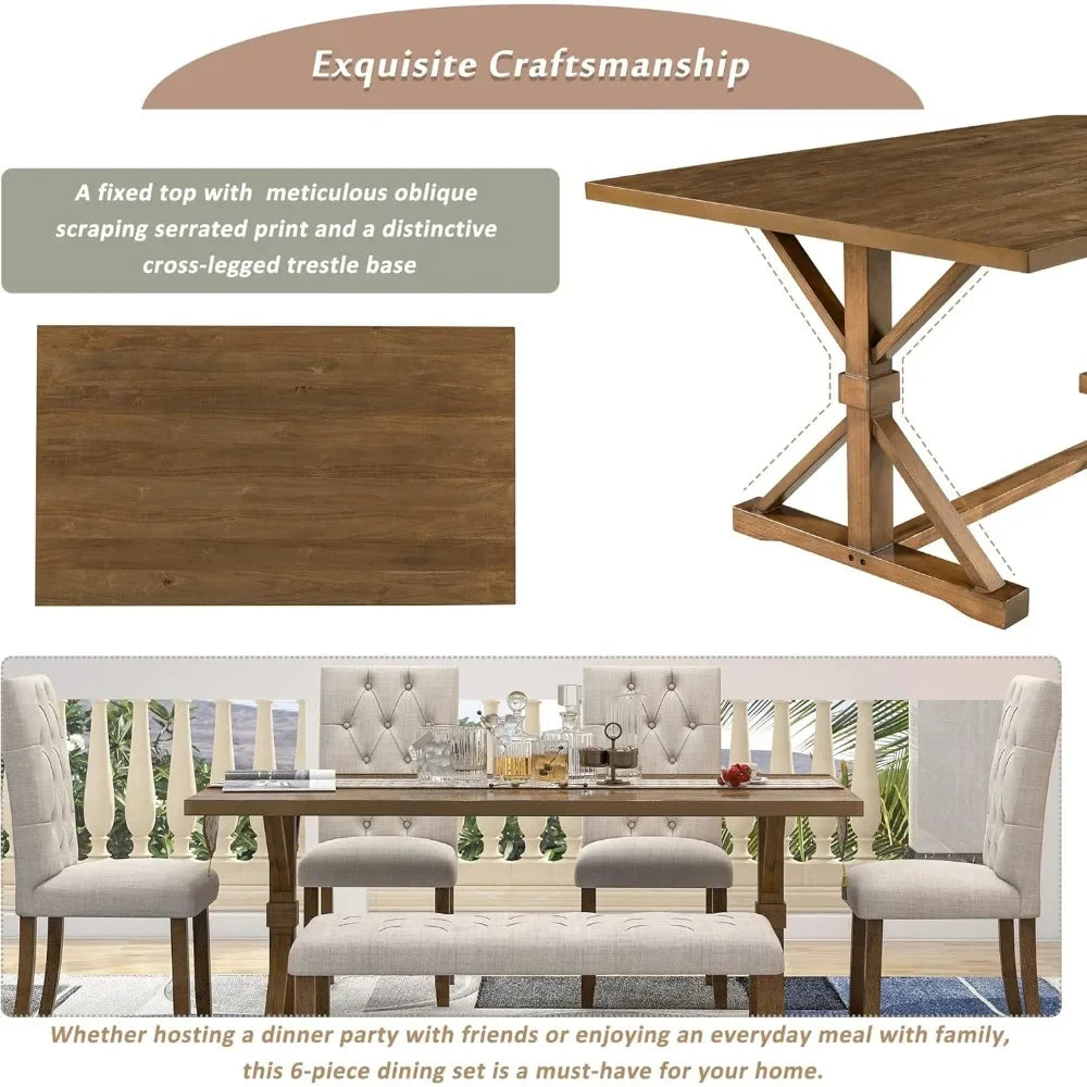 Wooden Rectangular Dining Table Set with Upholstered Chairs and a Bench