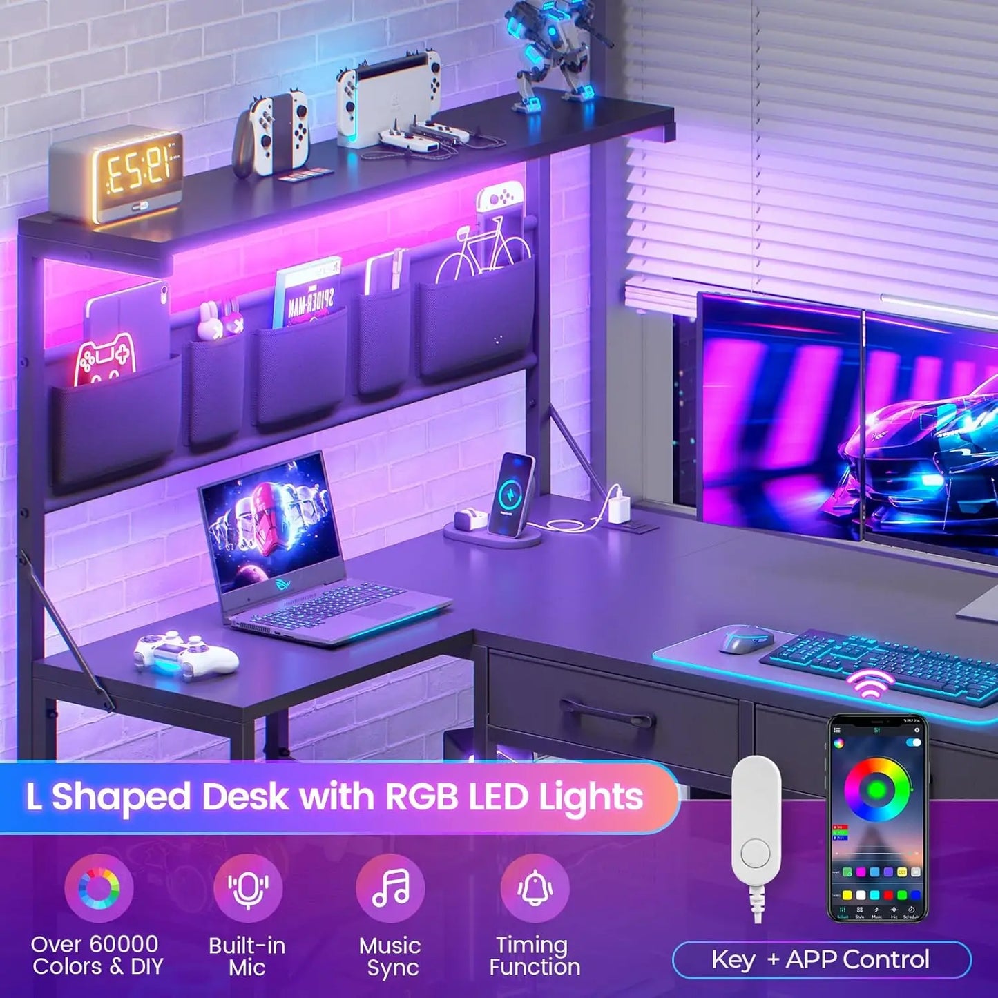 L-Shaped Reversible Computer Desk with Storage Shelves
