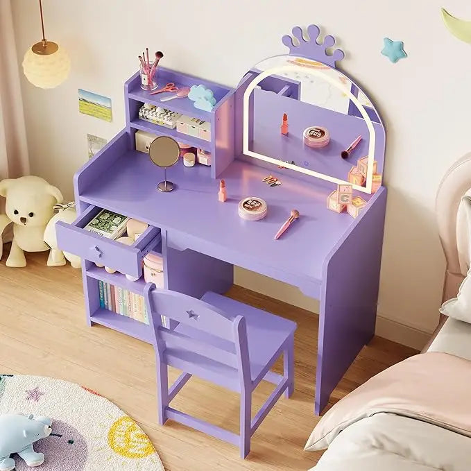 Kids Vanity with Lights, 2 in 1 Princess Makeup Vanity Desk & Chair Set