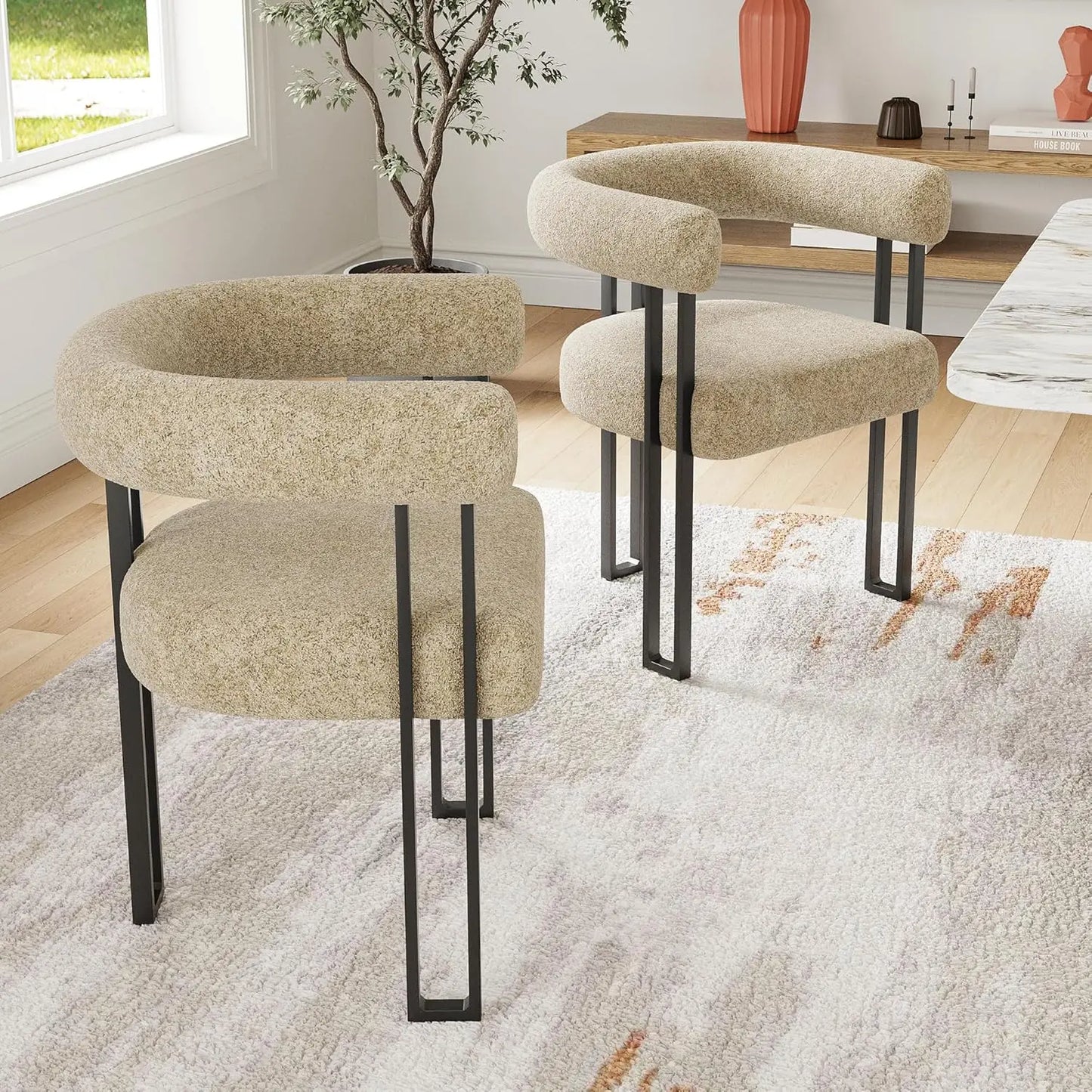 Bouclé Fabric Accent Upholstered Dining Arm Chairs