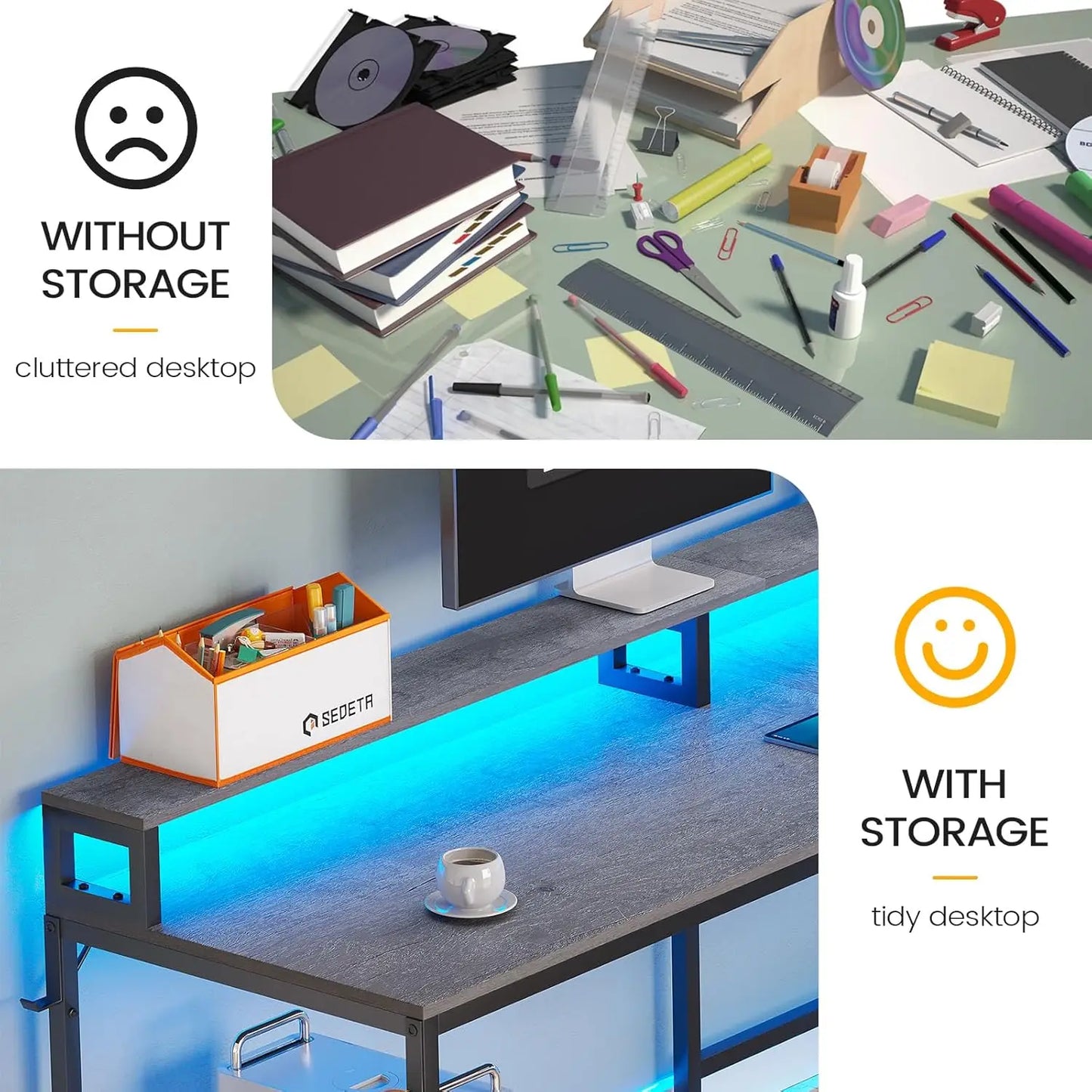 L Shaped Desk with Wood File Drawer & Power Outlet