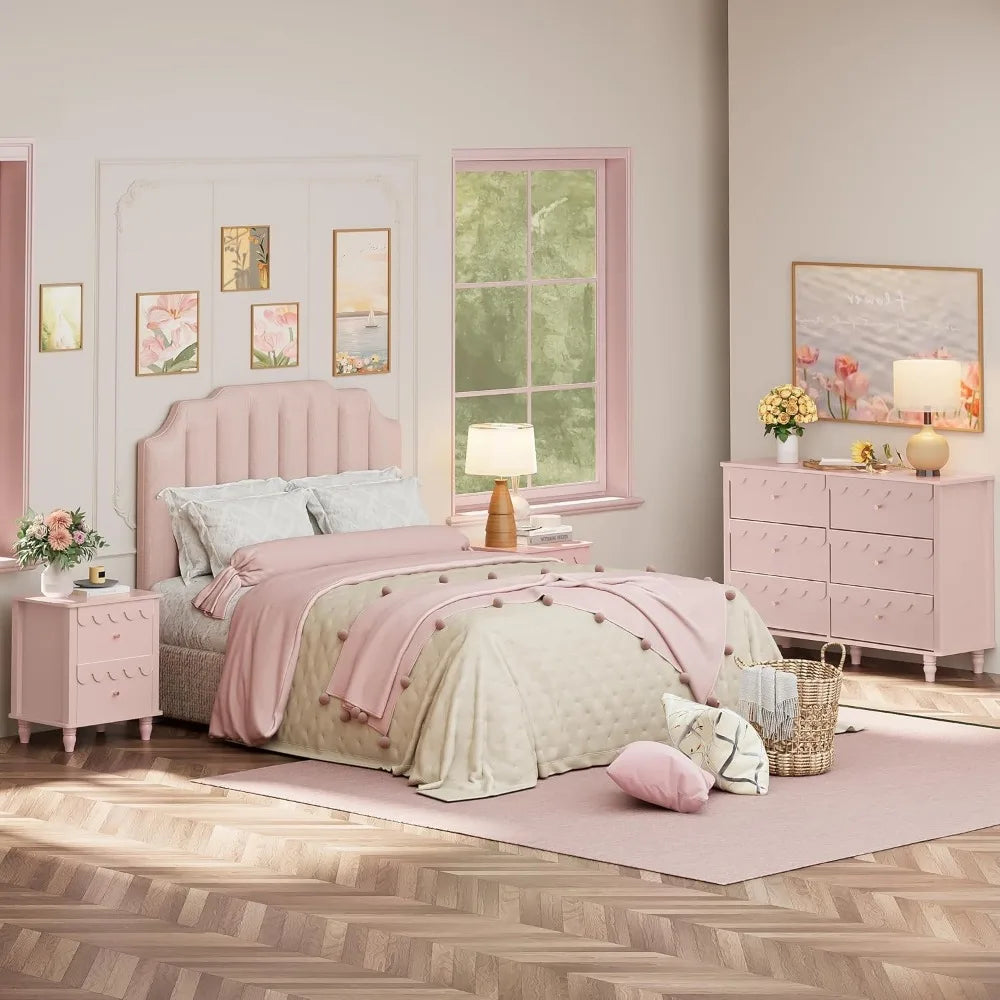 Bedroom Set - Two Drawers Nightstand & Scalloped 6 Drawer Dresser Combo