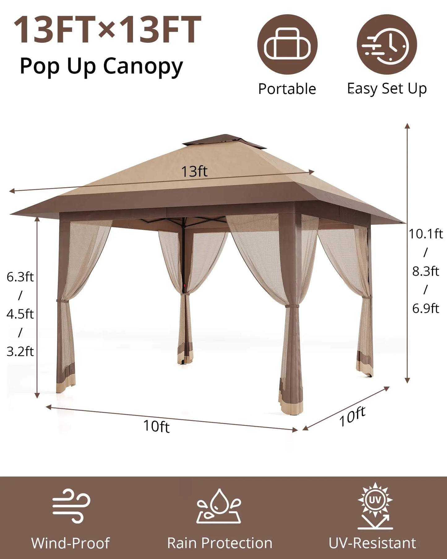 Pop-Up Gazebo Canopy with Mosquito Netting, One-Push Setup and Height Adjustable