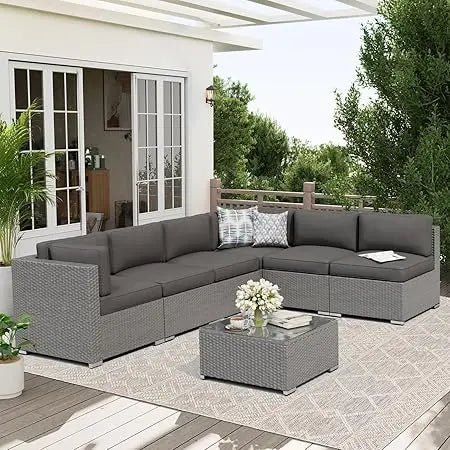 7-Piece Patio Furniture Sofa Set Rattan Wicker Sectional Conversation Sets with Glass Top Table and Cushions