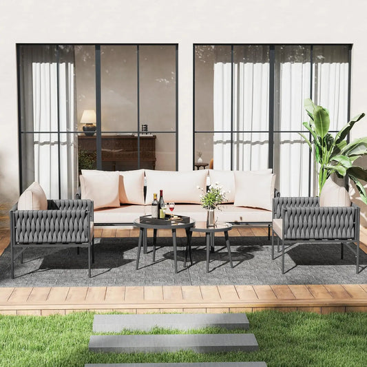 Patio Furniture Set with Handwoven Rope and Deep Seating