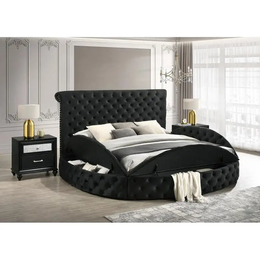 Black Velvet Button-Tufted Storage Bed with 2 Nightstands