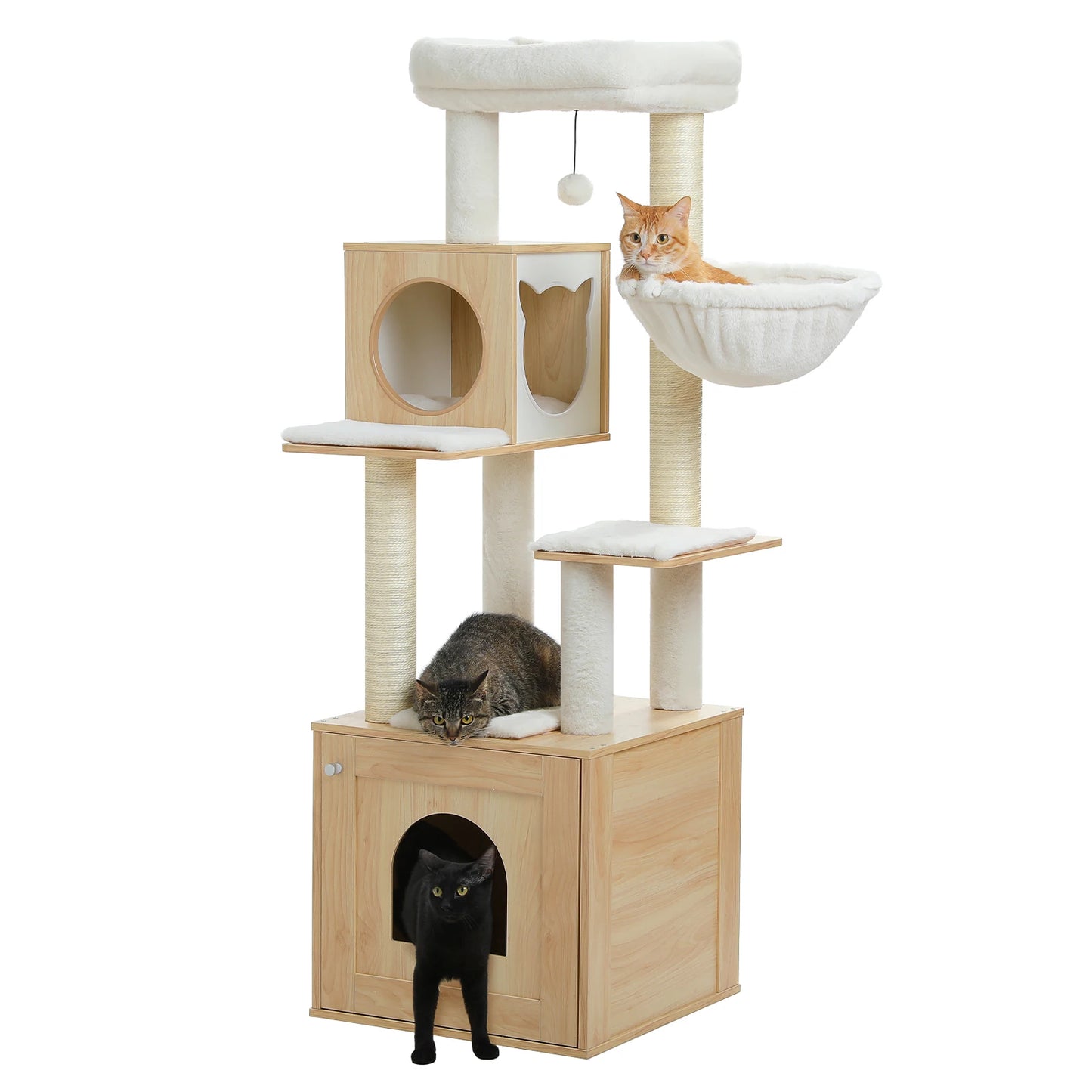 Cat Tree Tower Litter Box Wood Structure Storage with Hammock