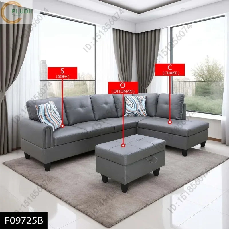 Living Room Dark Grey Faux Leather Sofa Set