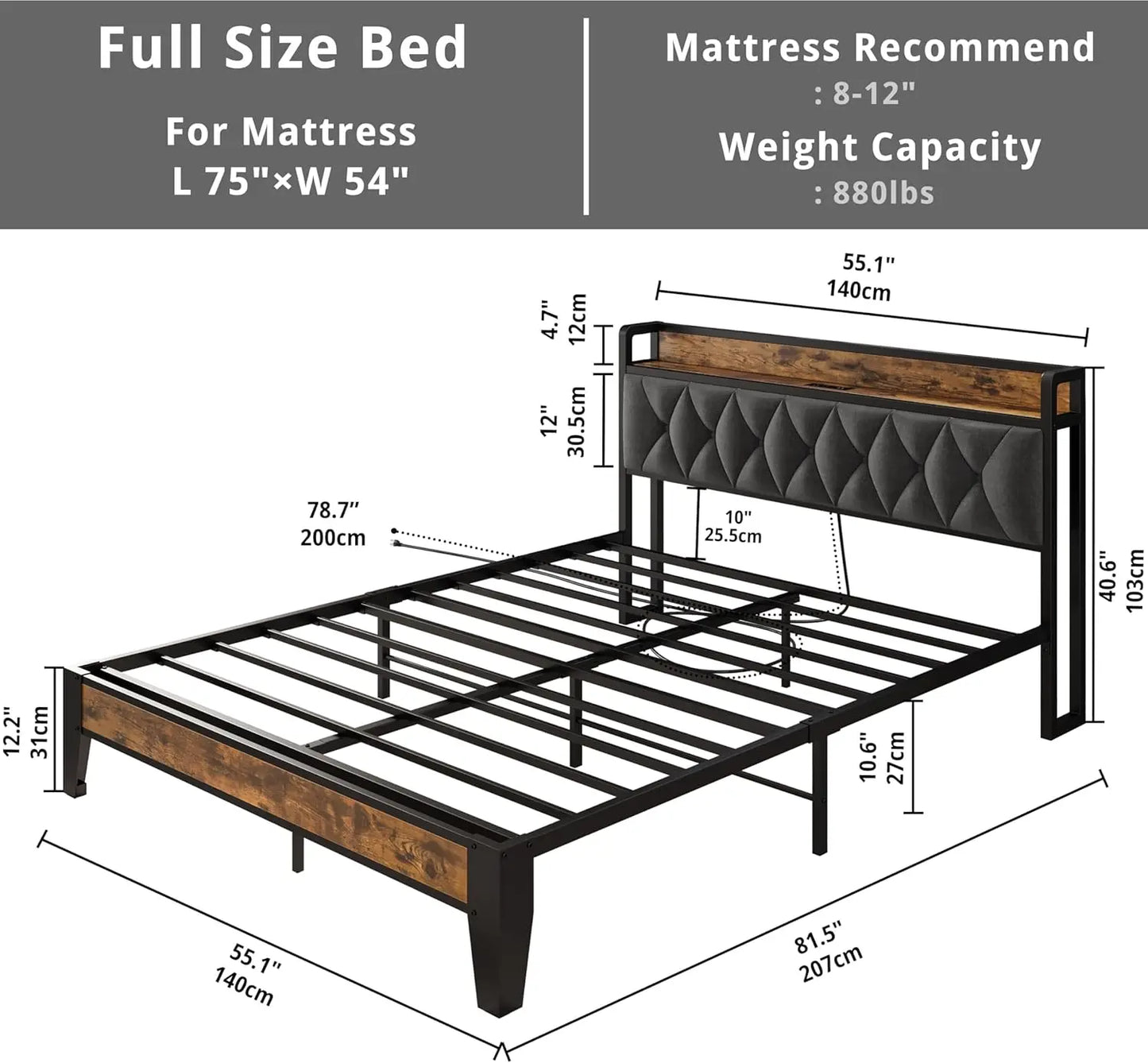 Bed Frames, Storage Headboard with Outlets, No Noise, No Box Springs Needed
