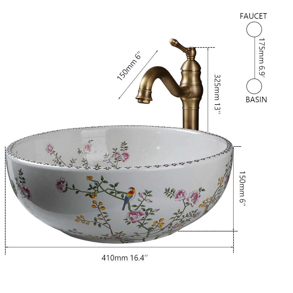 Ceramic Vessel Counter Top Flower Bird Pattern Bowl Sinks for Bathrooms