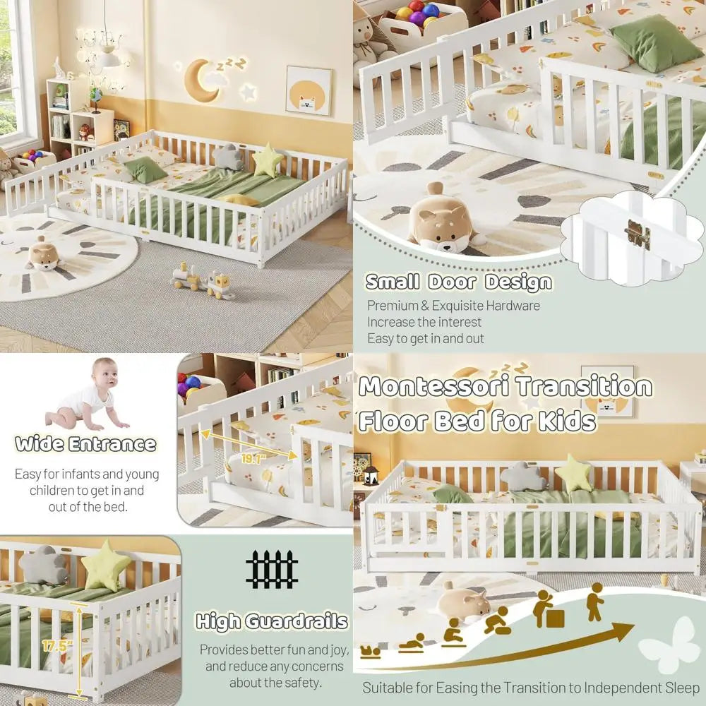 Queen Bed with Rubber Wood, Safety Rails, Slats, and Convertible Door