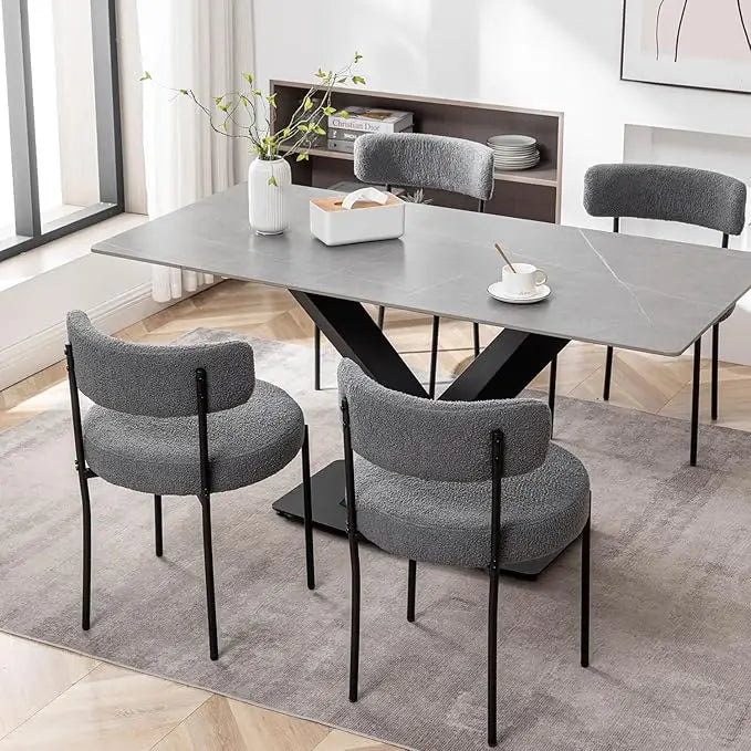 Upholstered Round Modern Buckle Dining Chairs with Black Metal Legs Set