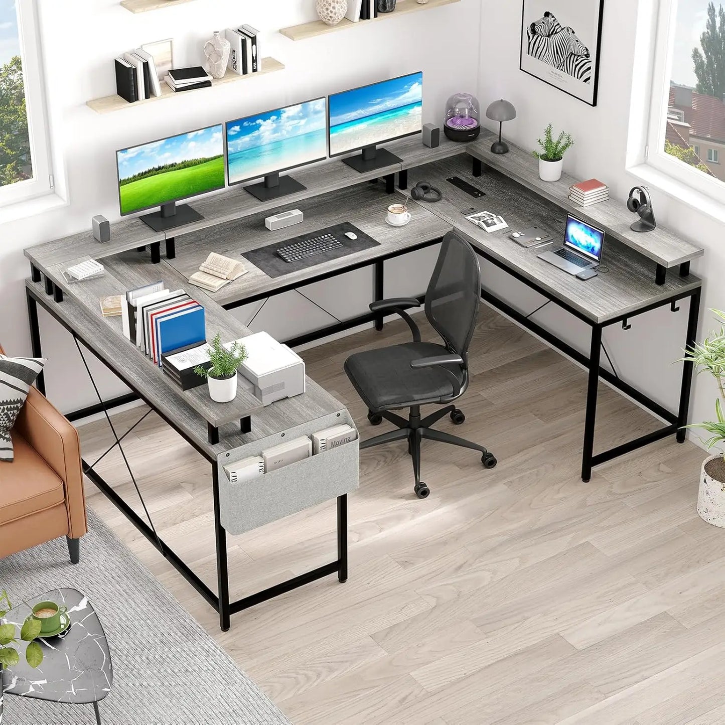 U Shaped Desk with Monitor Stand Storage Shelves