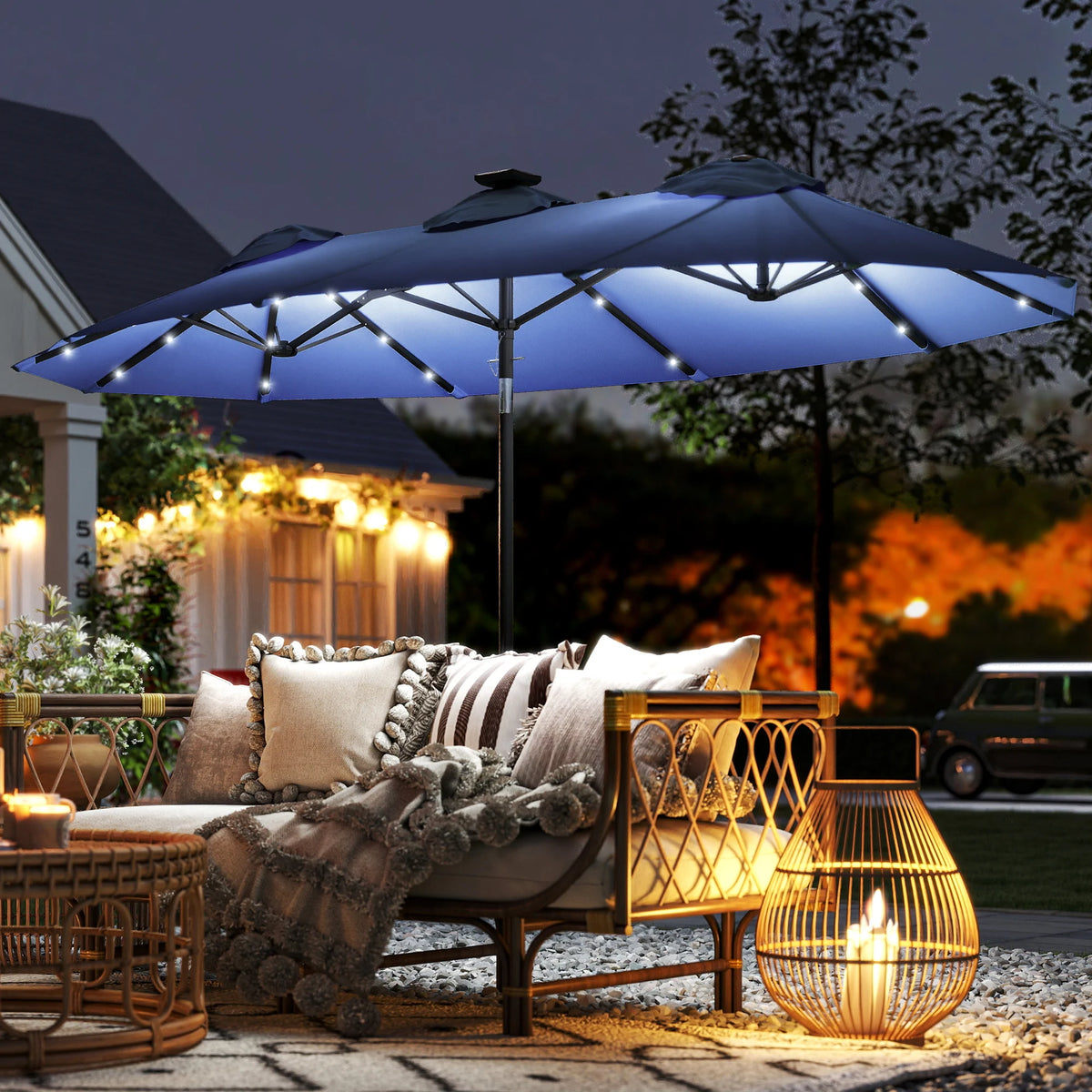 Double-Sided Patio Umbrella with LED Solar Light, Tilt