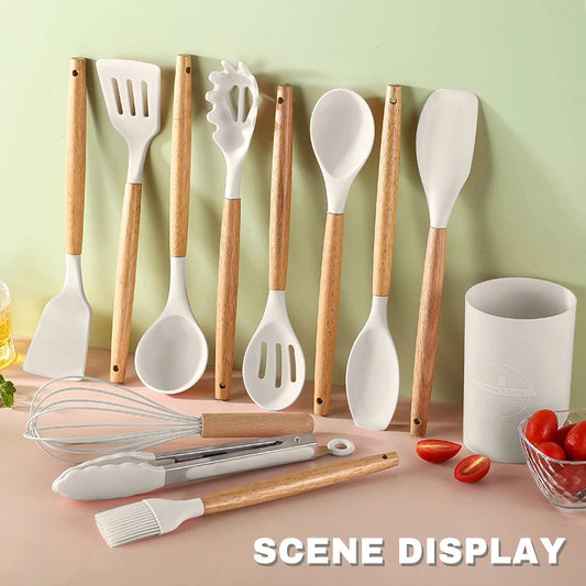 Silicone Cookware Kitchen Utensil Wooden Handle
