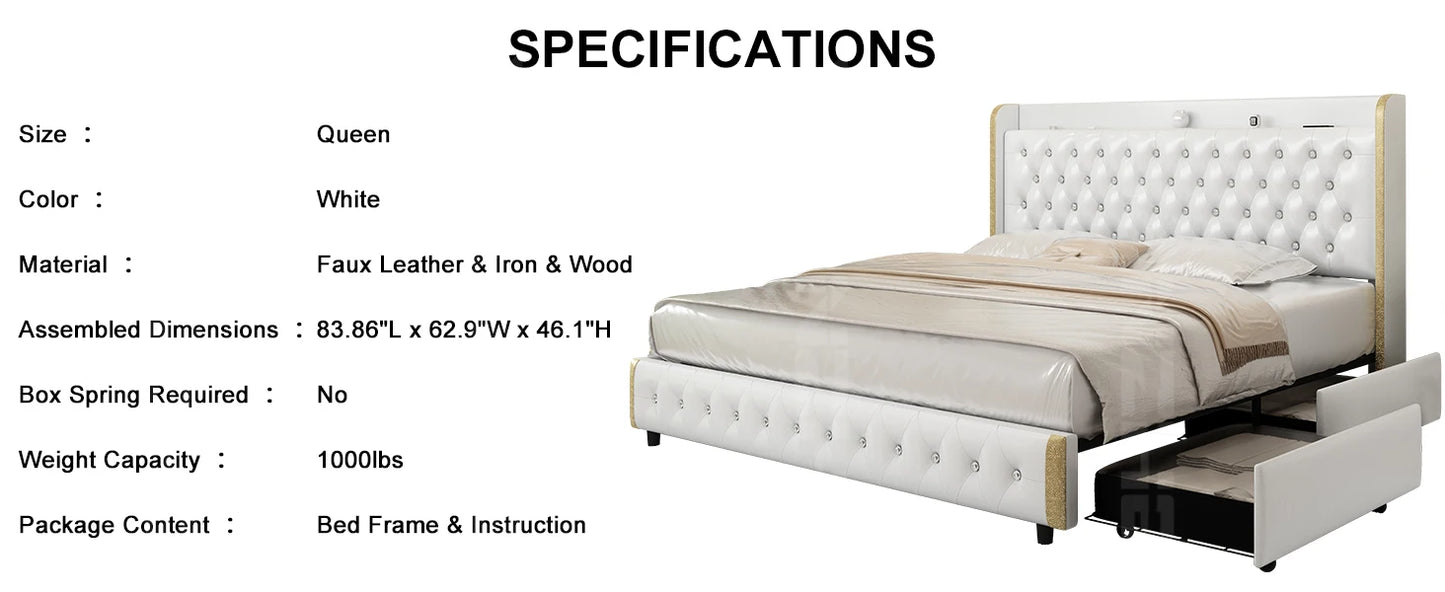 Bed Frame, Galaxy Projector, Bluetooth Speaker, USB Ports, 4 Drawers, No Box Spring Needed
