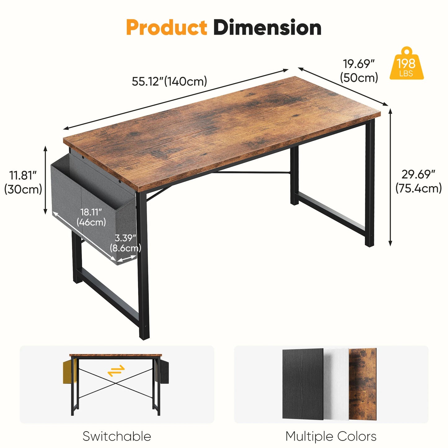 Computer Desk Writing Study Table with Storage Bag Metal Frame Wood Tabletop