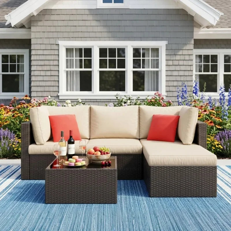 All-Weather PE Rattan Outdoor Couch with Ottoman