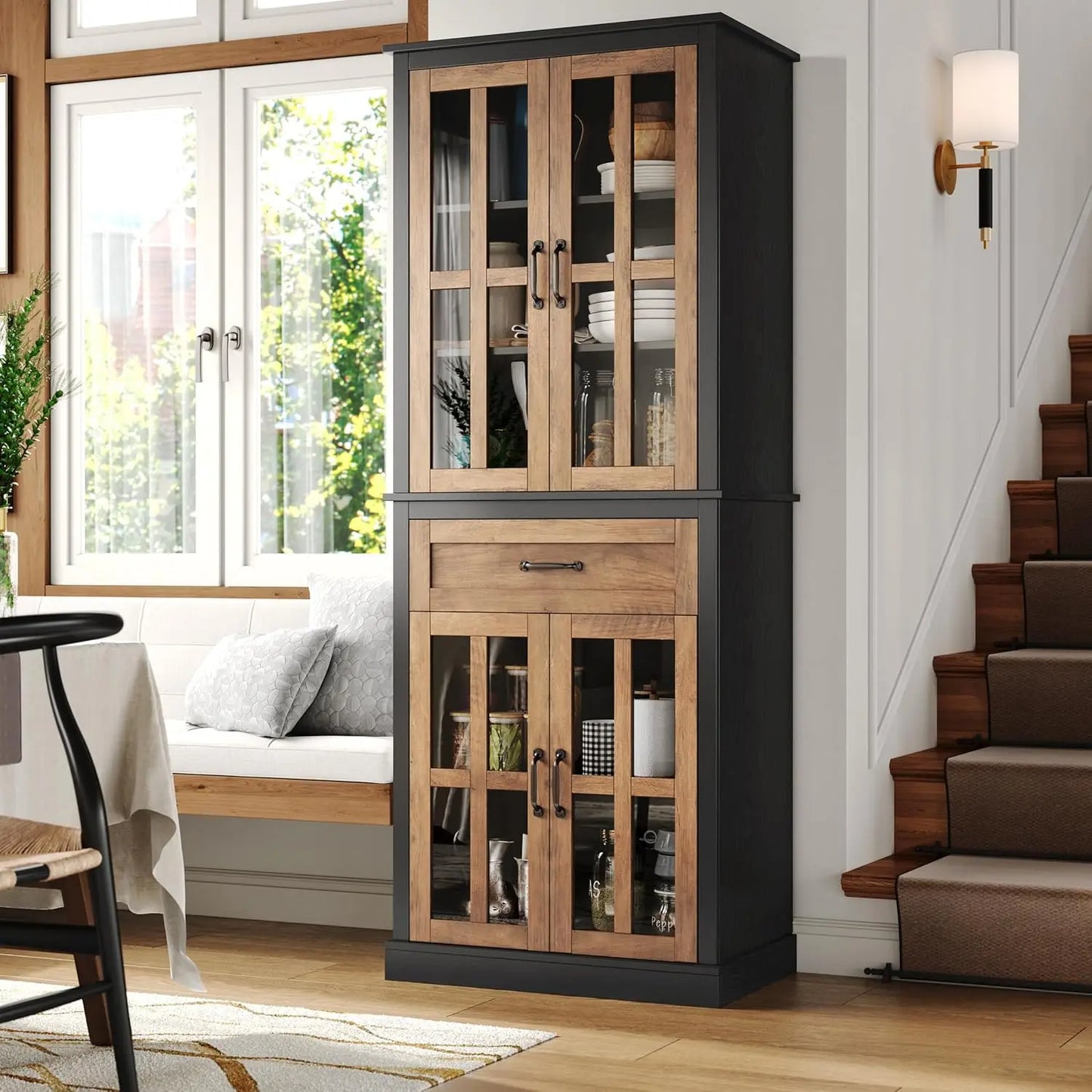 Tall Kitchen Cabinet with Glass Doors and Drawer