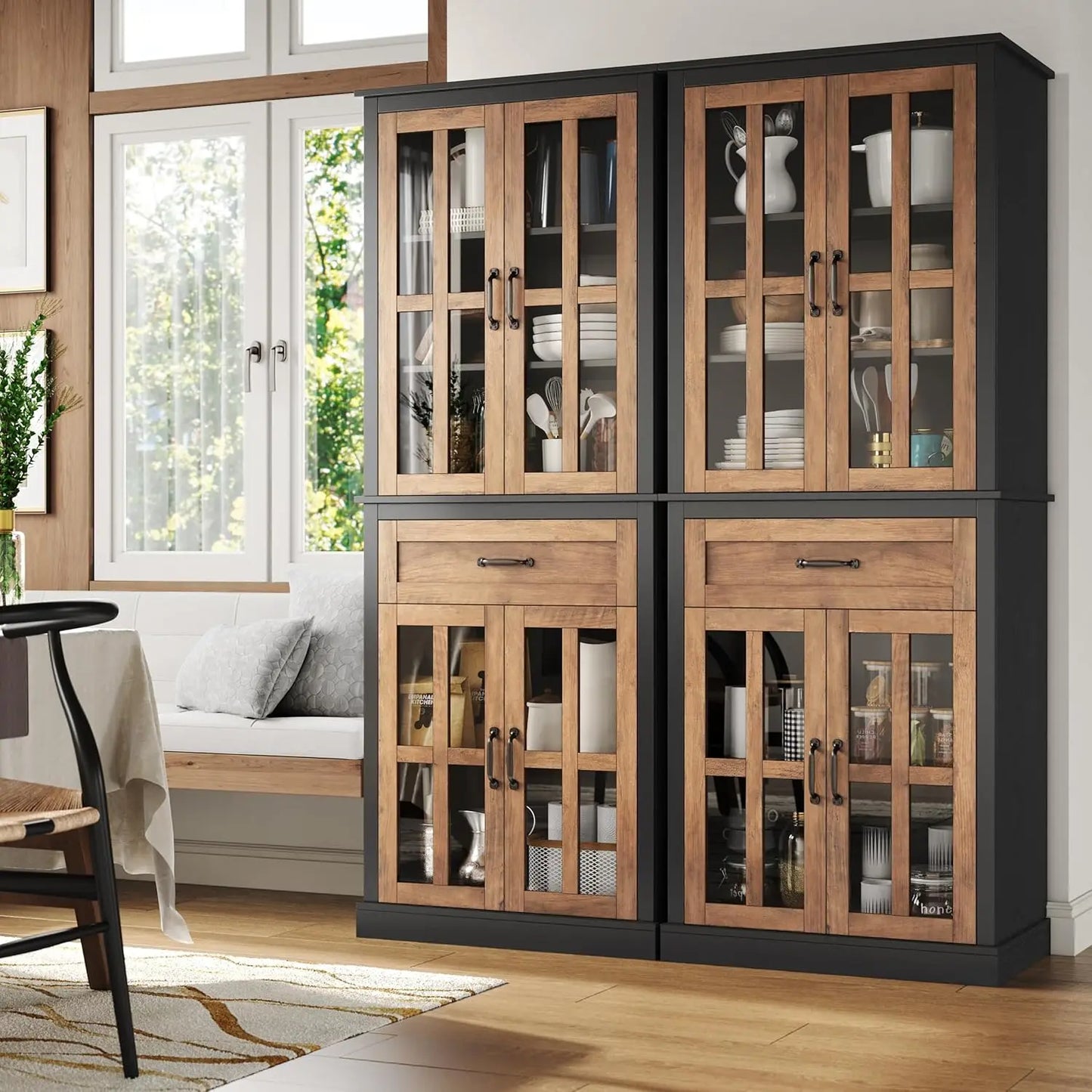 Tall Kitchen Cabinet with Glass Doors and Drawer