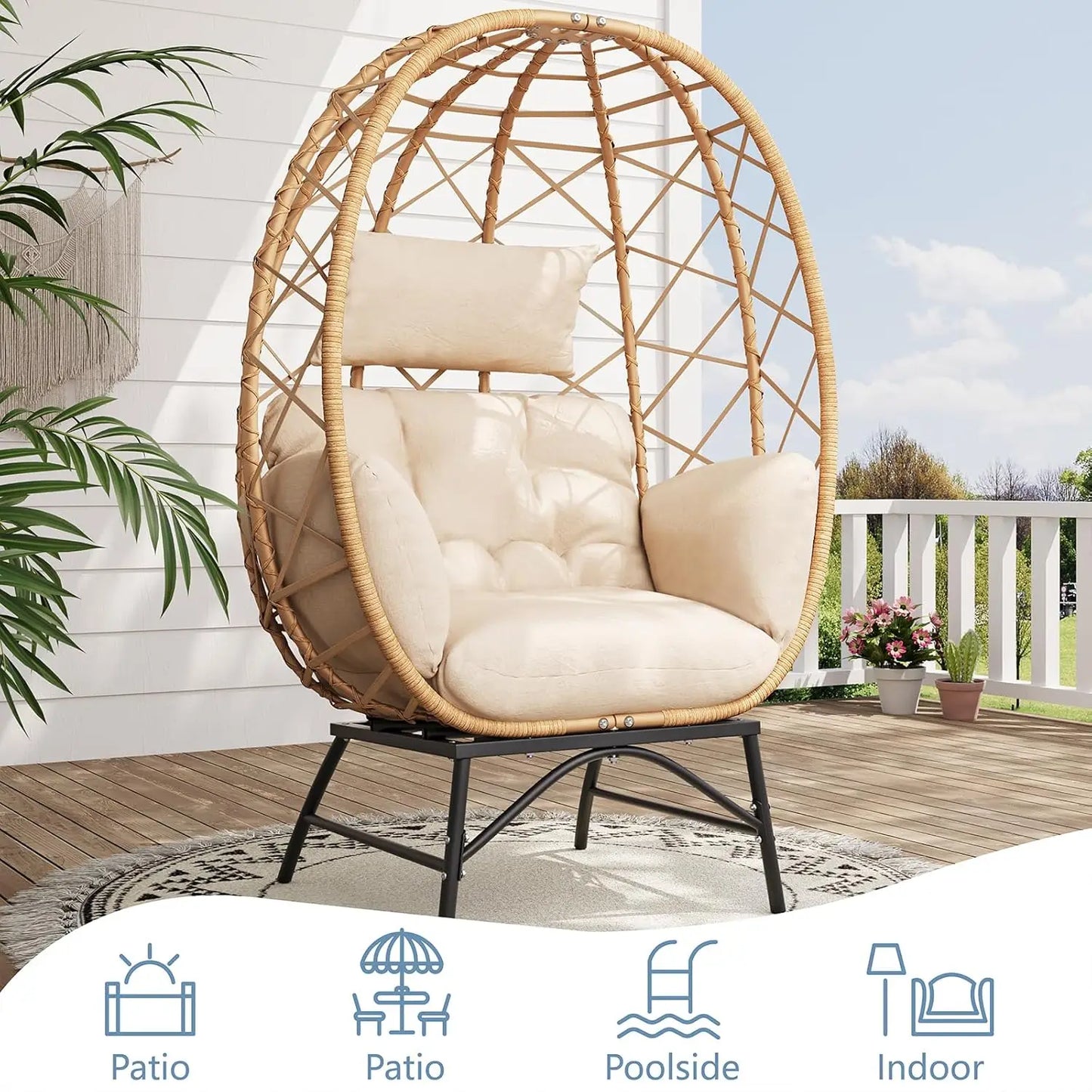 Oversized Patio Wicker Egg Lounge Chair with Cushion