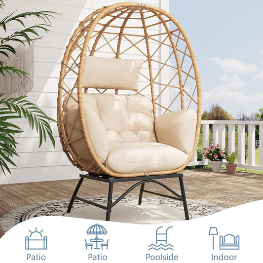 Oversized Patio Wicker Egg Lounge Chair with Cushion