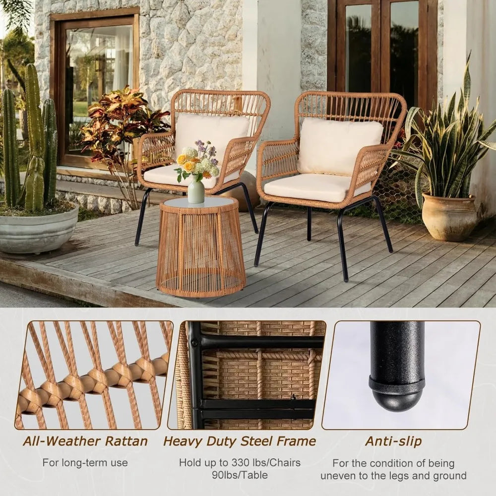 Patio Conversation Set w/2 Large Rattan Chairs and Tempered Glass Table