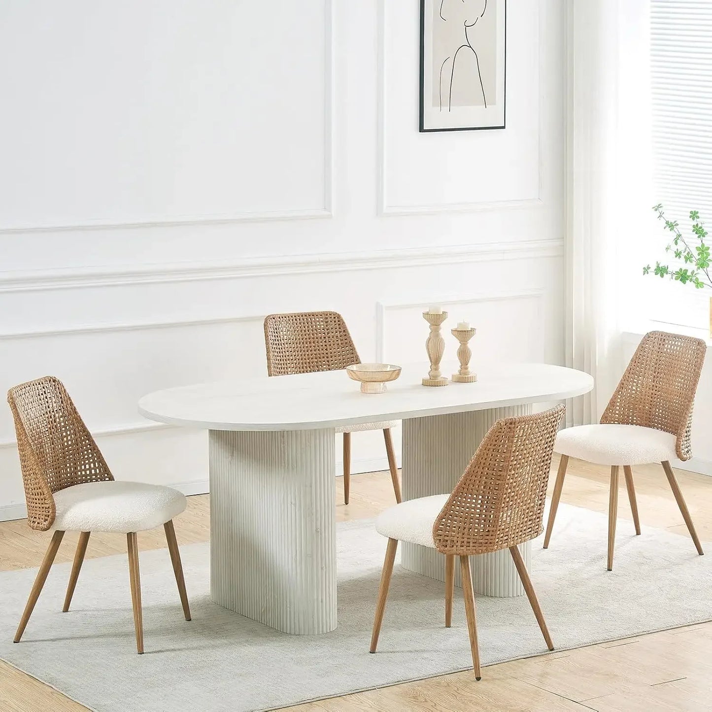 Boucle Upholstered Rattan Dining Chairs with PE Cane Back