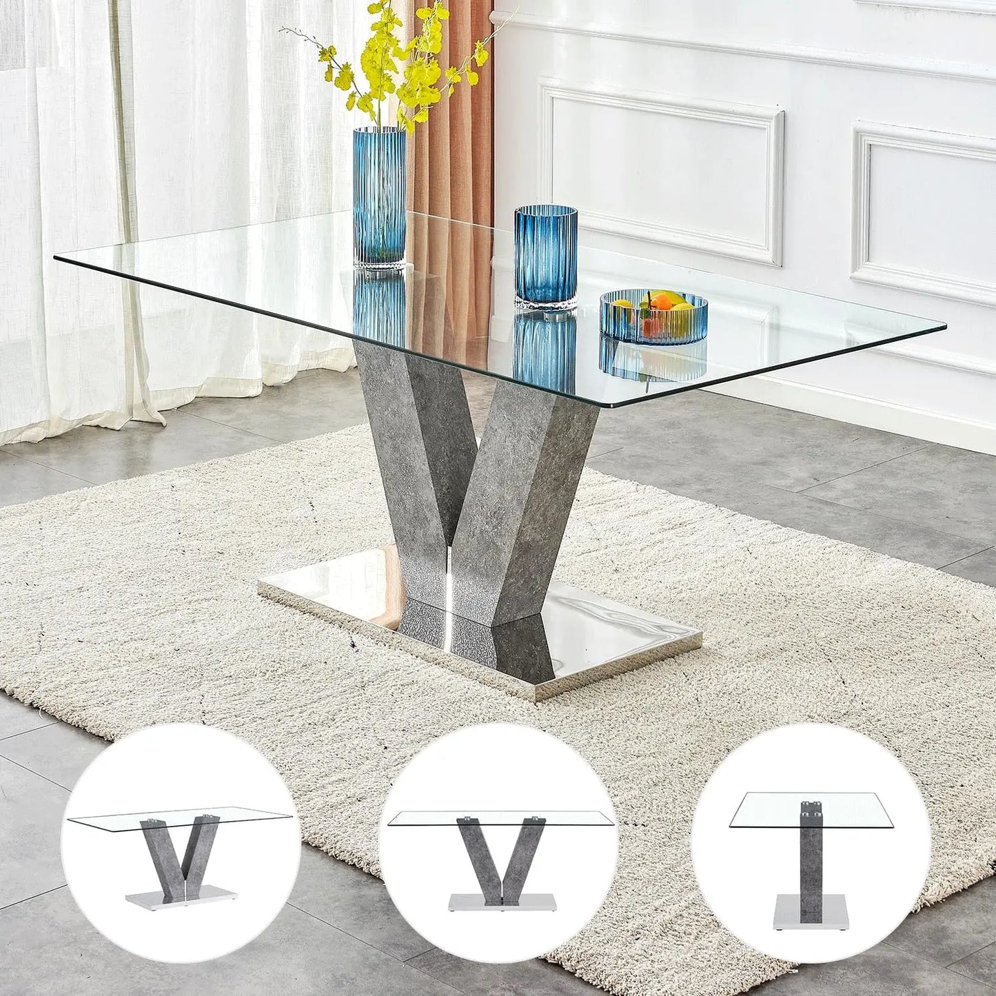 Glass Dining Room Table Set with 6 PU Leather Dining Chairs