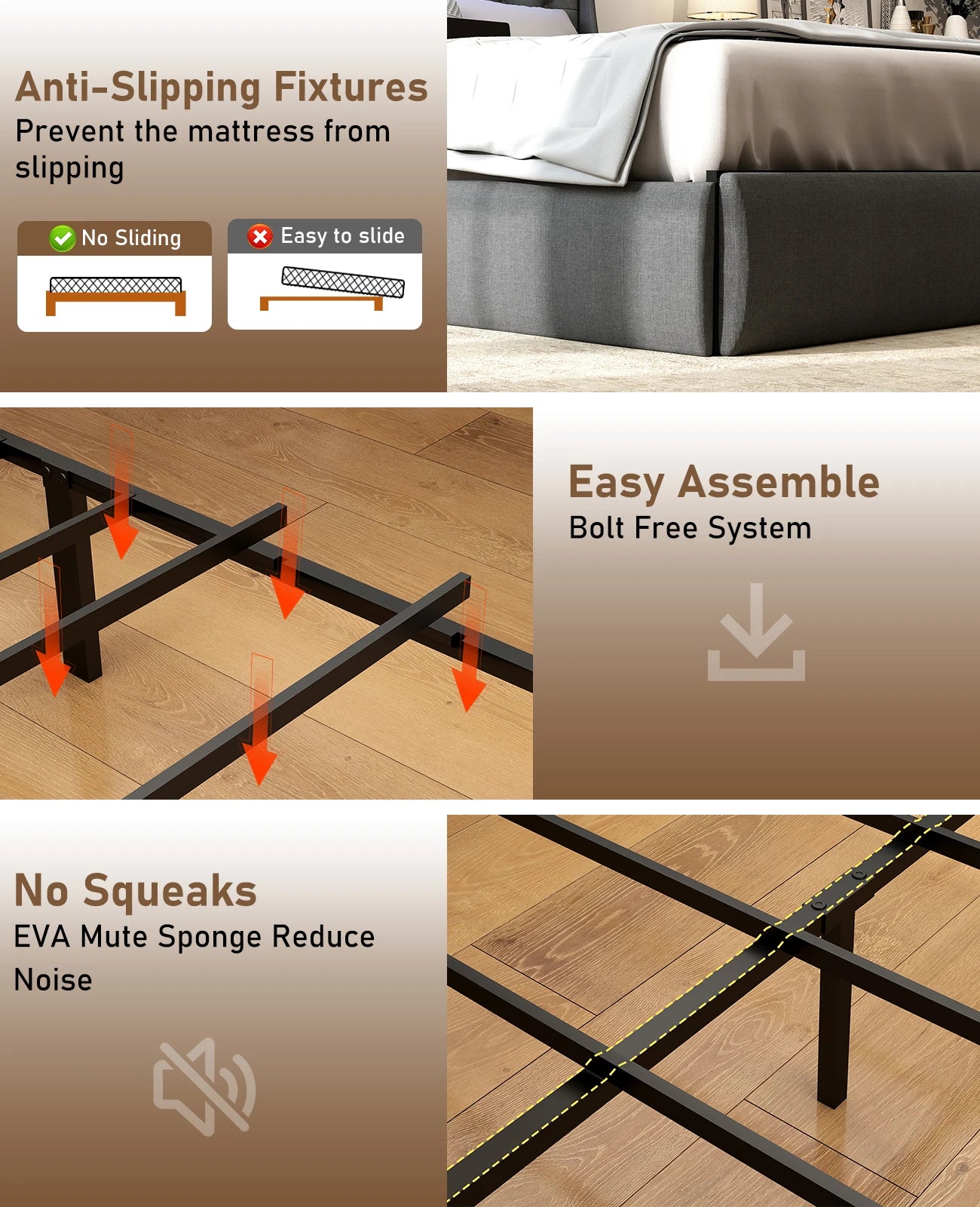 Upholstered Headboard & Bed Frame with 4 Storage Drawers and LED Lights
