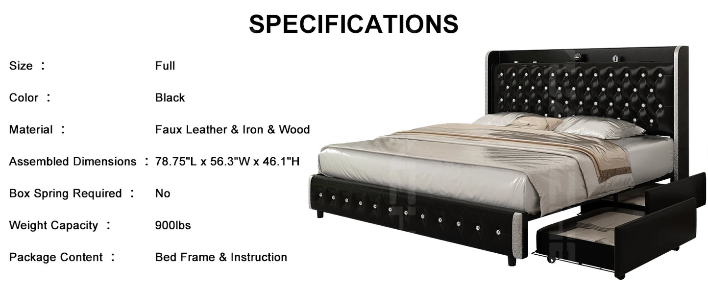 Bed Frame, Galaxy Projector, Bluetooth Speaker, USB Ports, 4 Drawers, No Box Spring Needed
