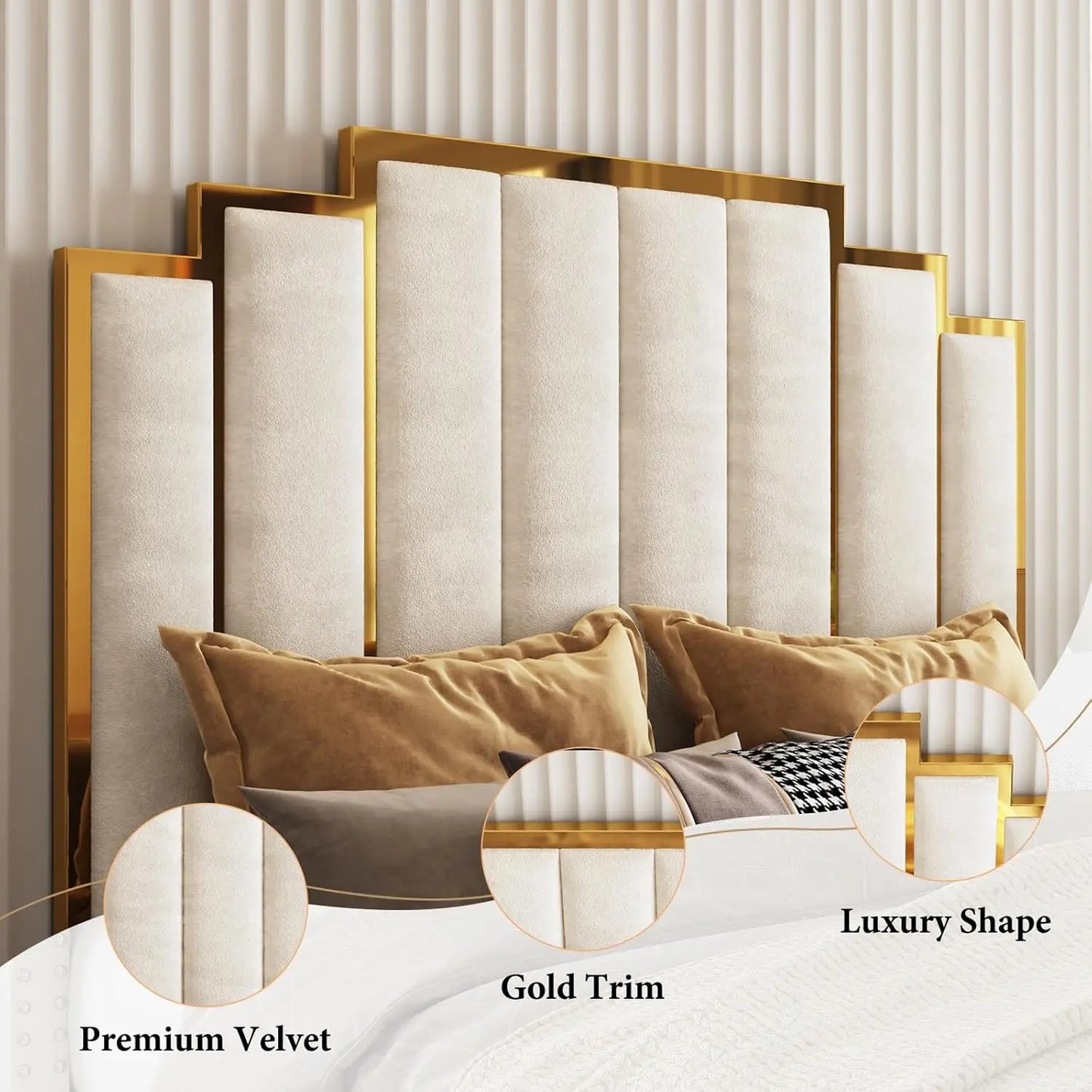 Upholstered Velvet Platform Bed with Gold Trim Headboard
