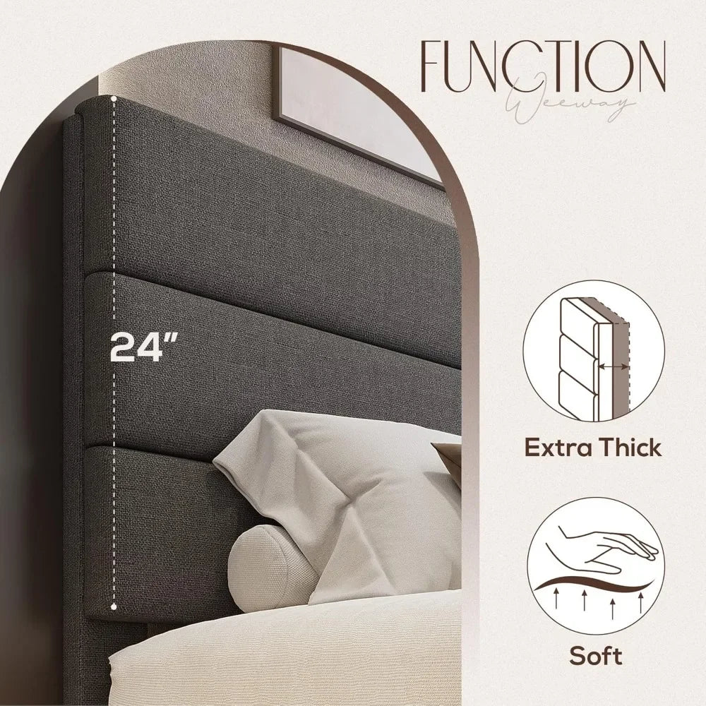 Wooden Slats Platform Linen Fabric Headboard - Bedroom Furniture