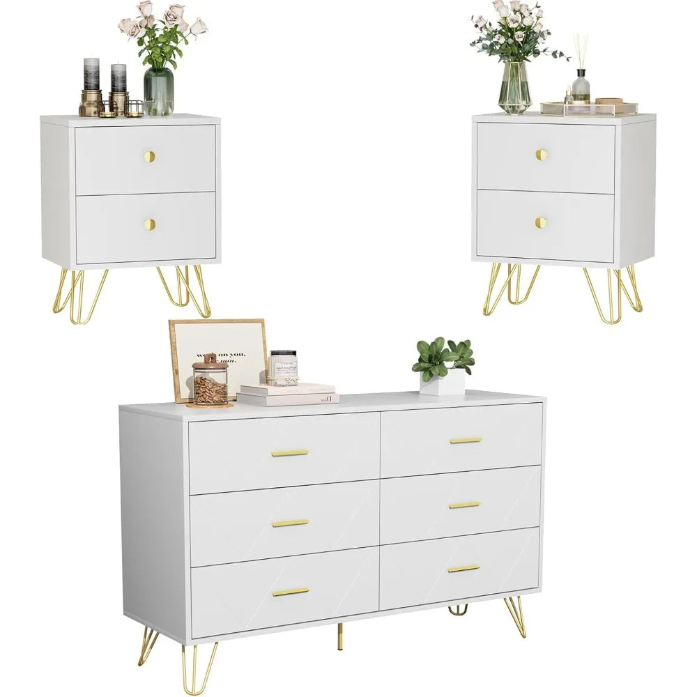 Bedroom Set-Two Drawers Nightstand Set and 6 Drawer
